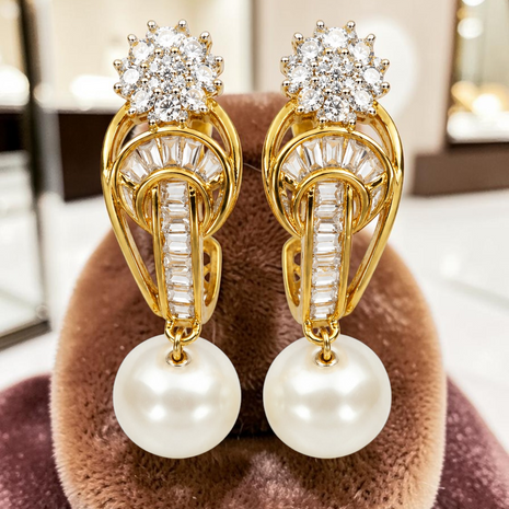 Pearl Metal Earrings With Sparkling Cubic Zirconia / Ruchi 