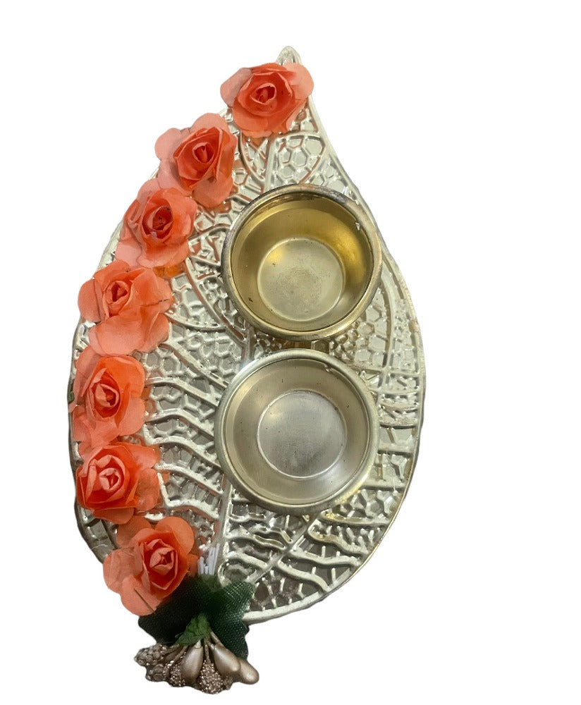 1 Set Of Floral Decorated Silver Finished Raksha Bandhan Thali With Rakhi / Ruchi