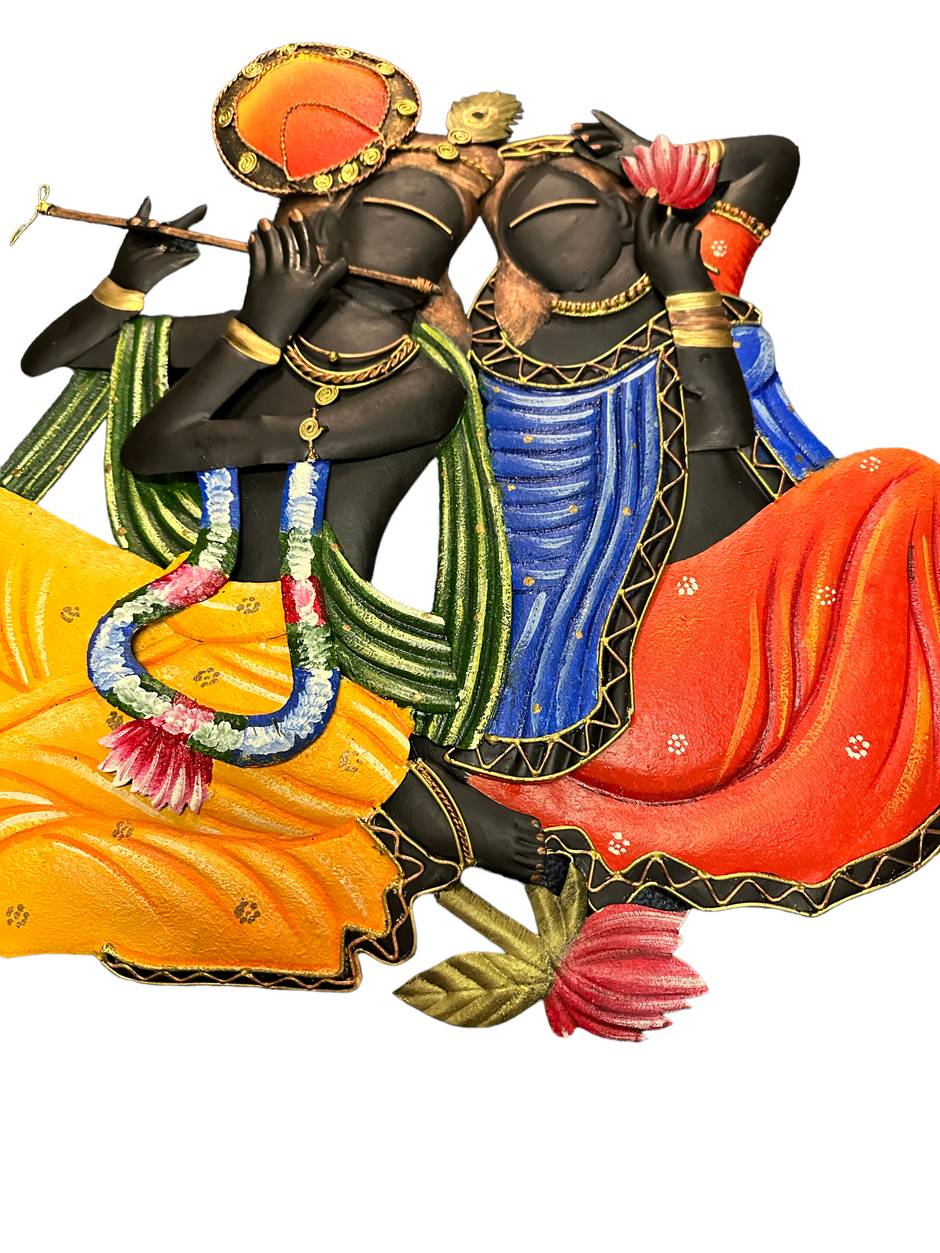 Mesmerizing Radha Krishna Playing Flute Metal Wall Decor / Ruchi