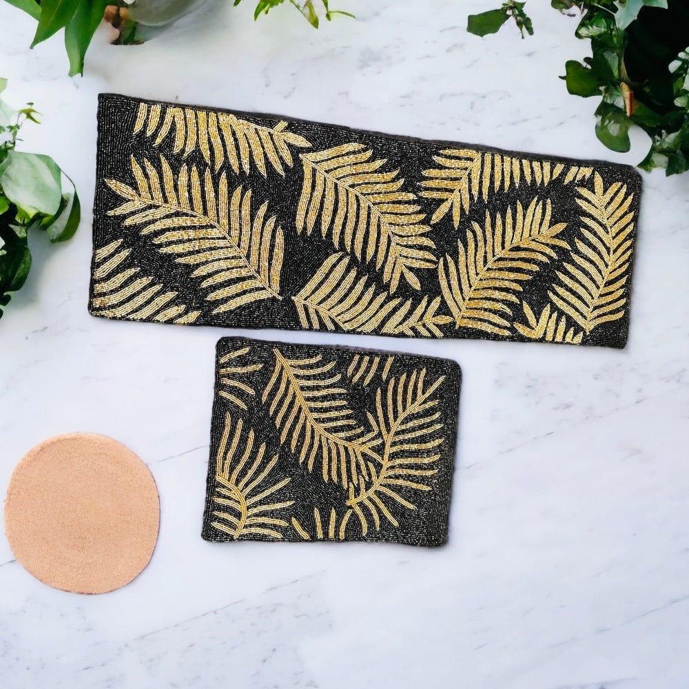 Marvelous Golden Leaf Pattern Table Runner With Placemat / Ruchi
