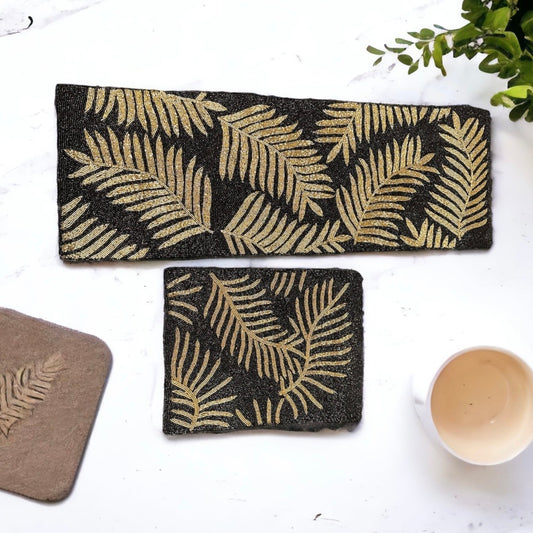 Marvelous Golden Leaf Pattern Table Runner With Placemat / Ruchi