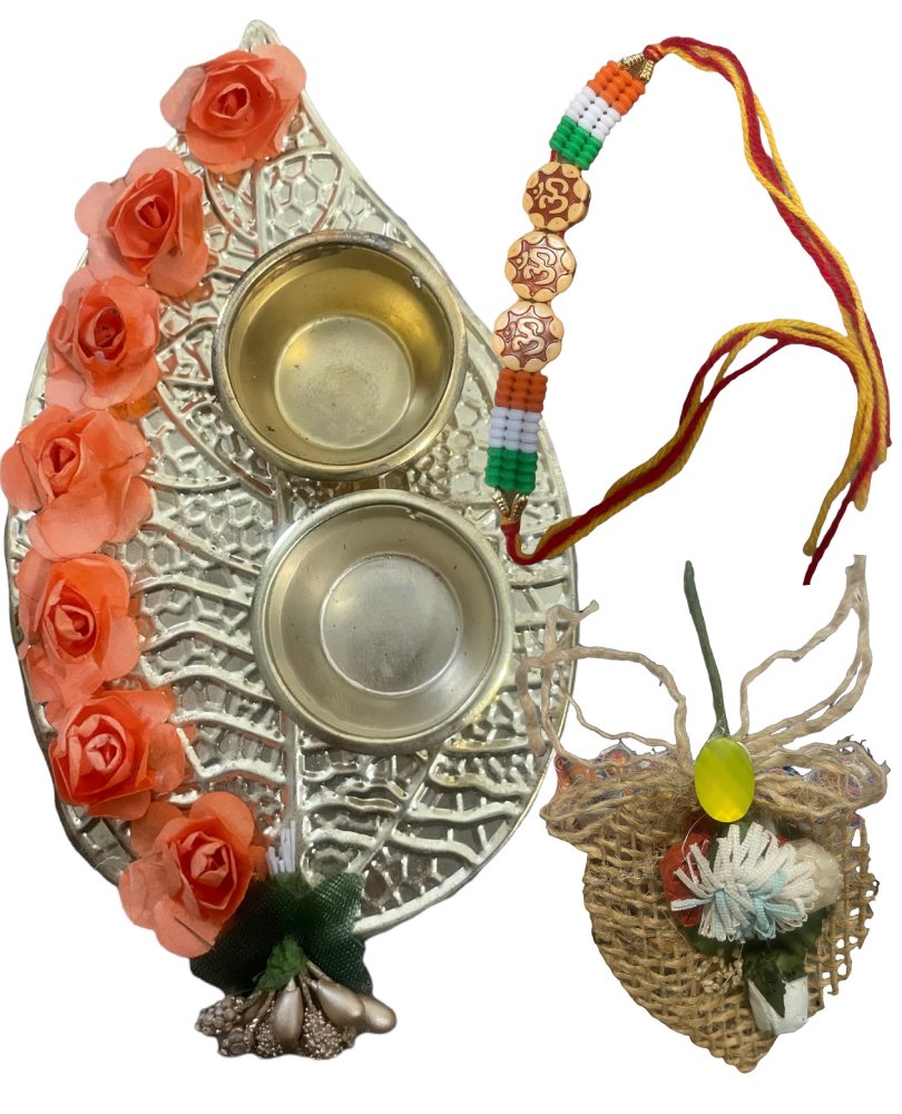 1 Set Of Floral Decorated Silver Finished Raksha Bandhan Thali With Rakhi / Ruchi