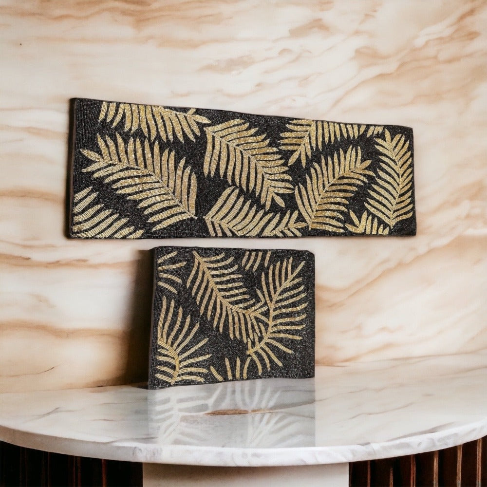 Marvelous Golden Leaf Pattern Table Runner With Placemat / Ruchi