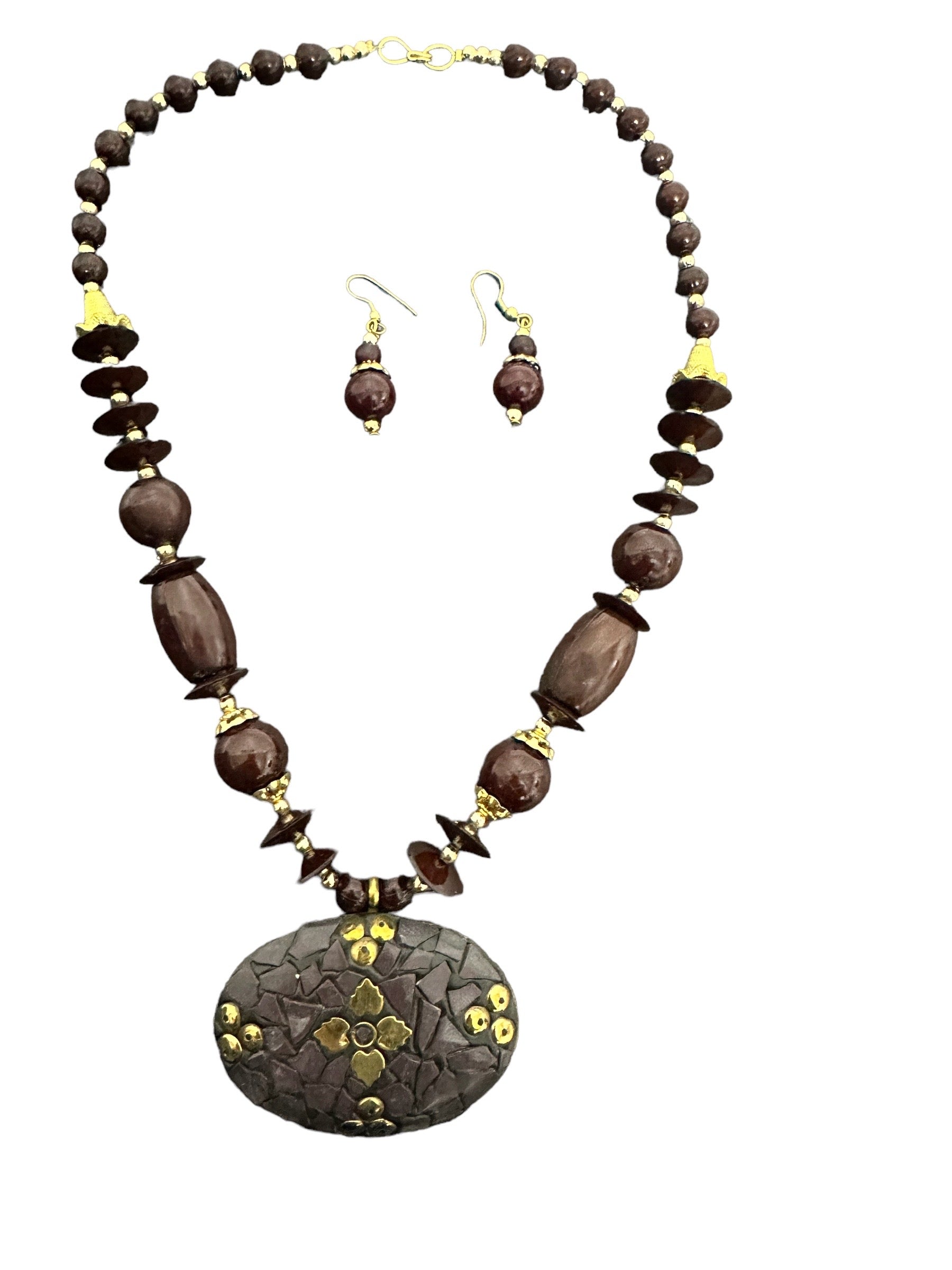 Captivating Semi-Precious Stone Brown Wooden Beaded Necklace And Earrings Set / Ruchi