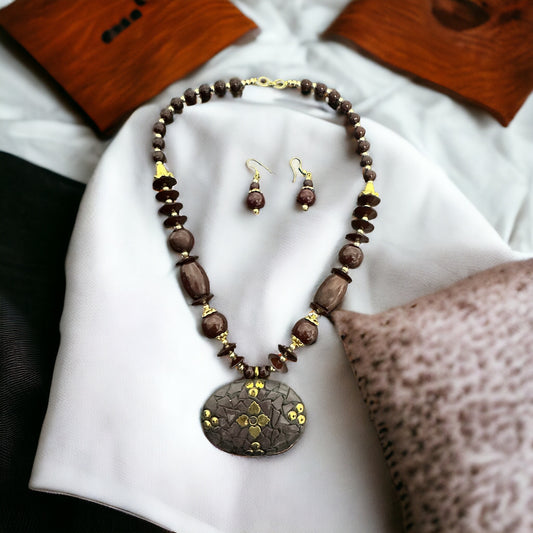 Captivating Semi-Precious Stone Brown Wooden Beaded Necklace And Earrings Set / Ruchi