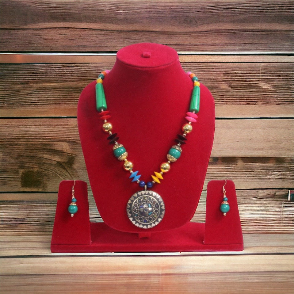 Big Stone Pendant Multicolored Wooden Beaded Necklace And Earrings Set / Ruchi