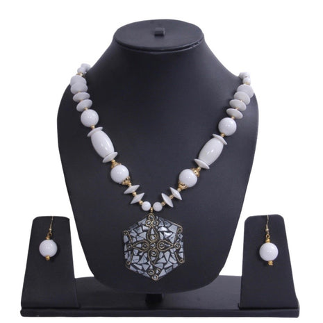 Hexagonal Pendant White Beaded Necklace Set / Ruchi
