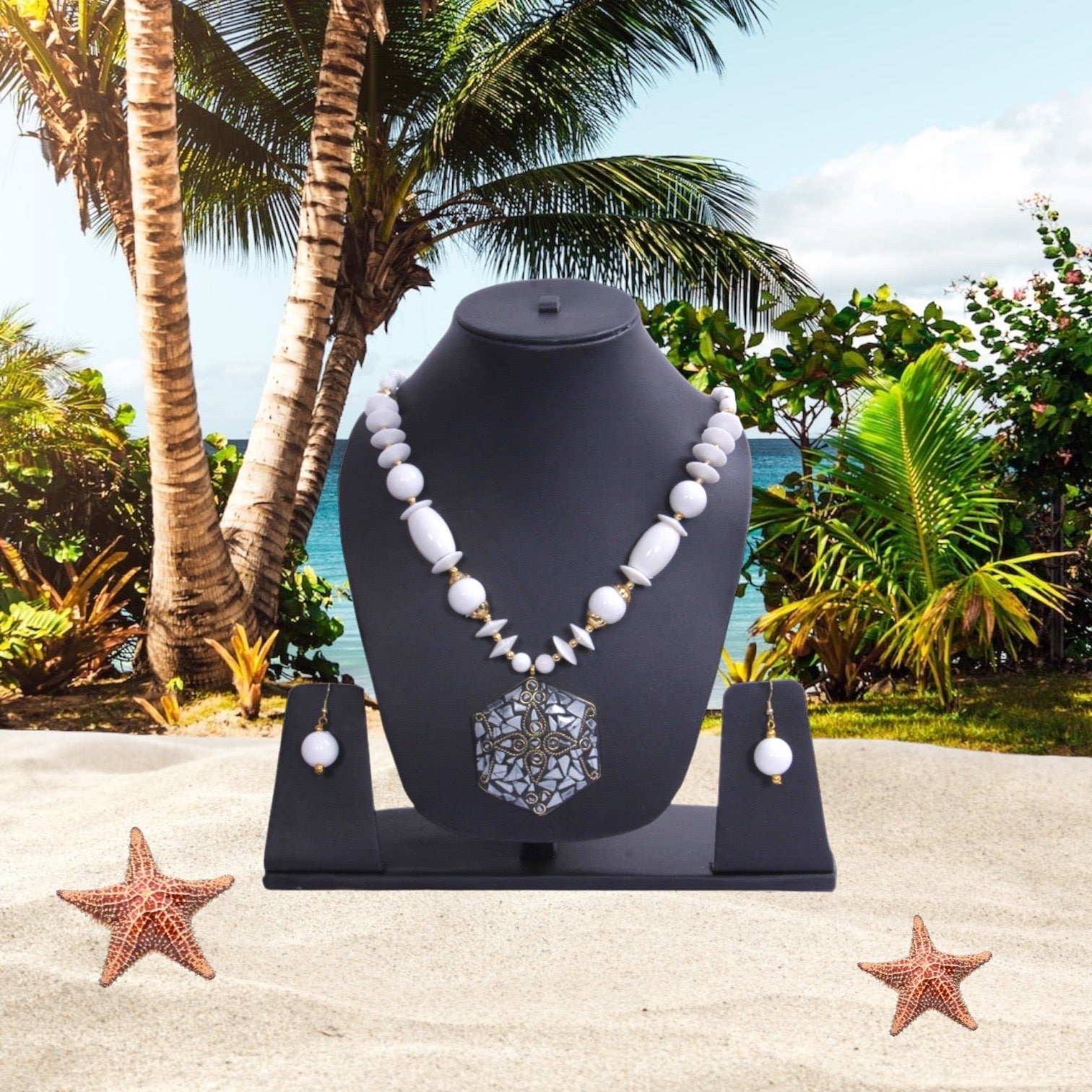 Appealing Hexagonal Pendant Agate White Beaded Necklace And Hoop Earrings Set / Ruchi