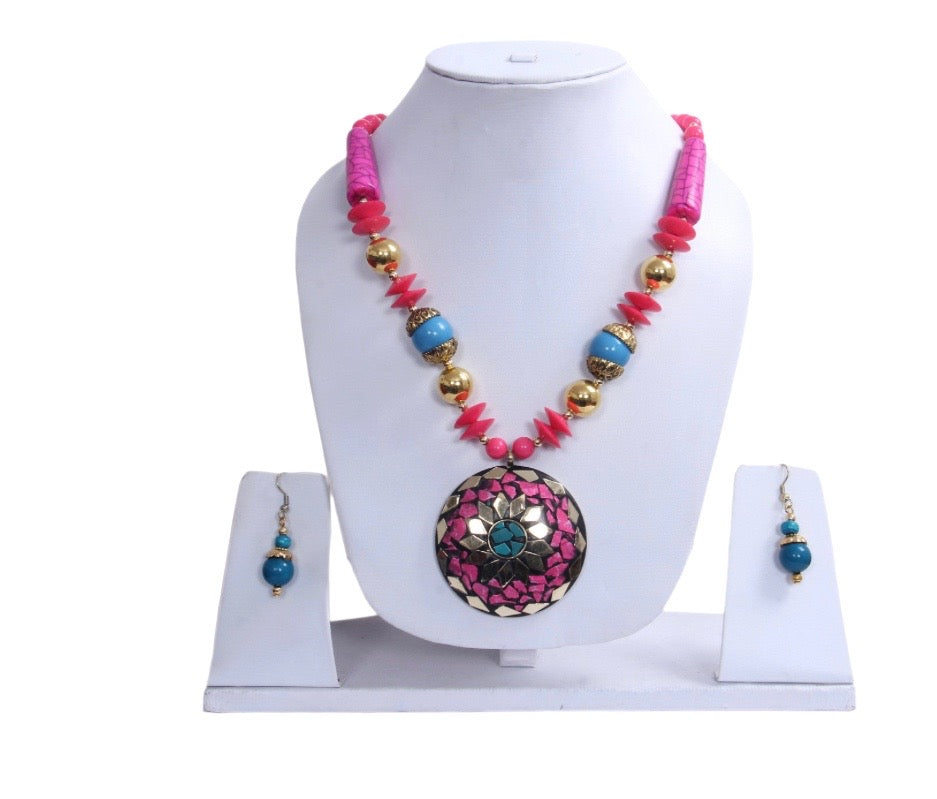 Big Pink And Blue Pendant Colorful Stone Beaded Necklace And Hoop Earrings Set / Ruchi