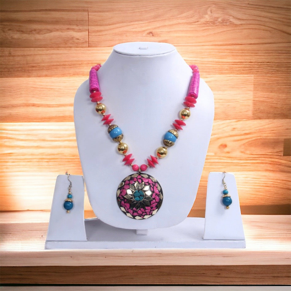 Big Pink And Blue Pendant Colorful Stone Beaded Necklace And Hoop Earrings Set / Ruchi