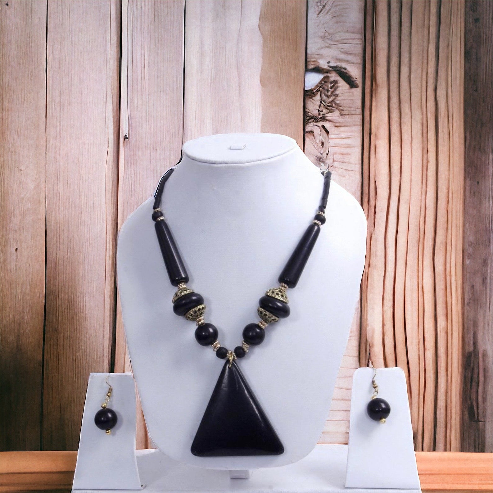 Black Elegant Triangular Pendant Wooden Beaded Necklace And Hoop Earrings Set / Ruchi