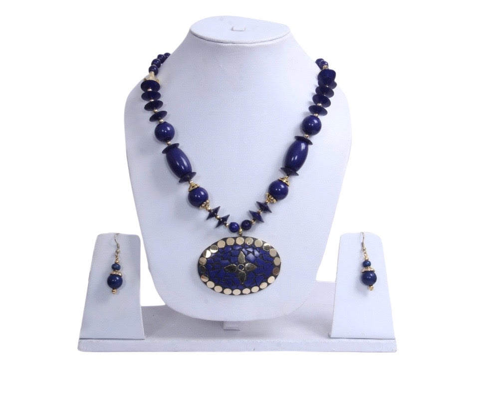 Enchanting Blue-Gold Floral Pendant Wooden Beaded Necklace And Hoop Earrings Set / Ruchi