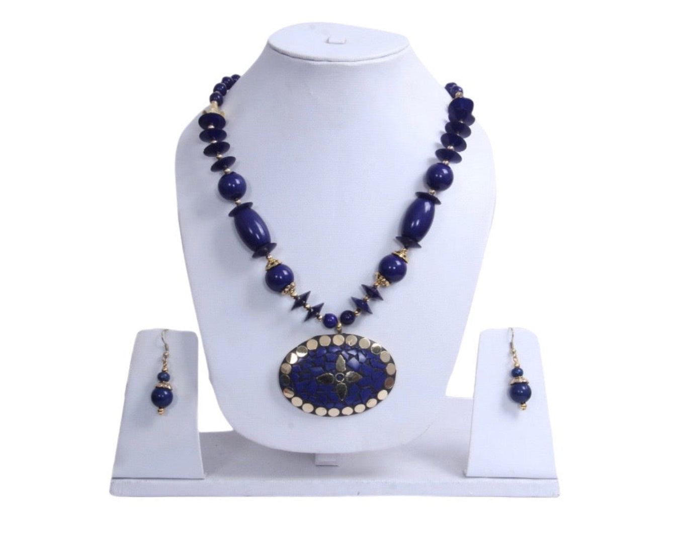 Blue-Gold Floral Pendant Necklace Set / Ruchi