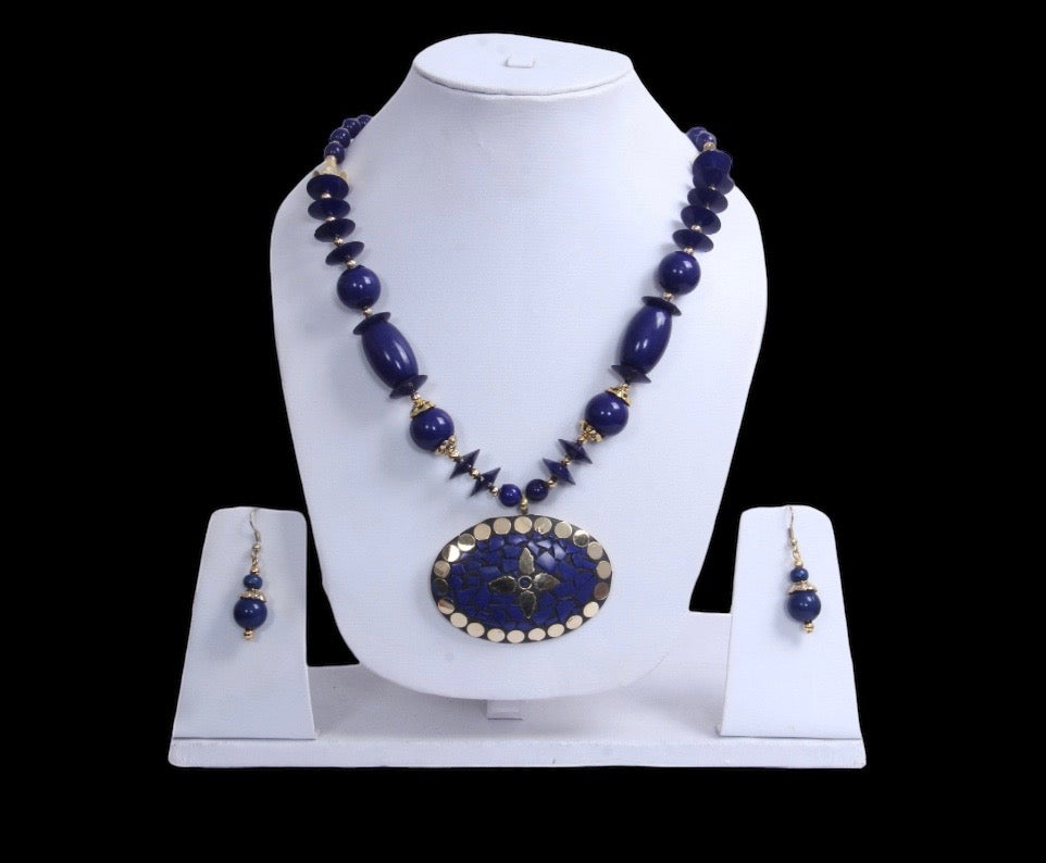 Enchanting Blue-Gold Floral Pendant Wooden Beaded Necklace And Hoop Earrings Set / Ruchi