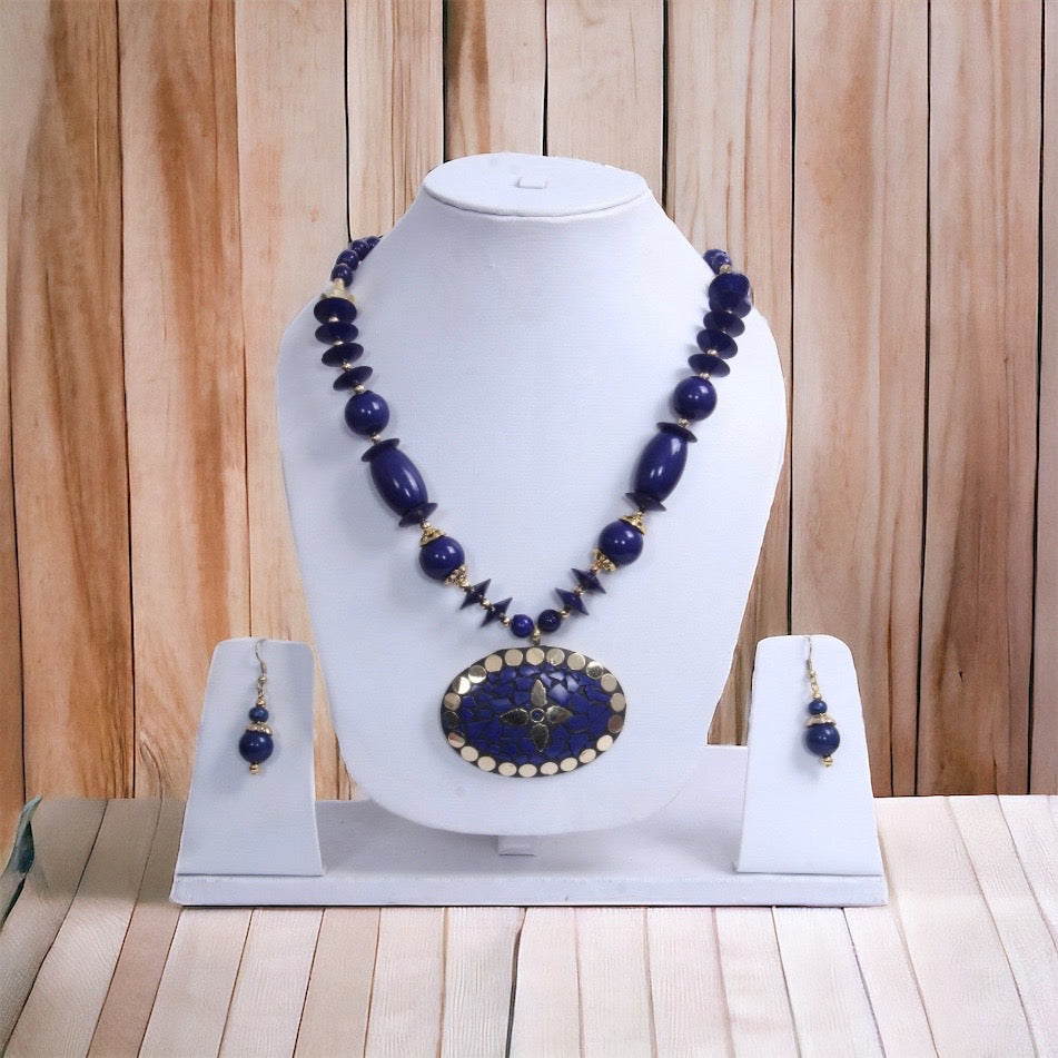 Enchanting Blue-Gold Floral Pendant Wooden Beaded Necklace And Hoop Earrings Set / Ruchi
