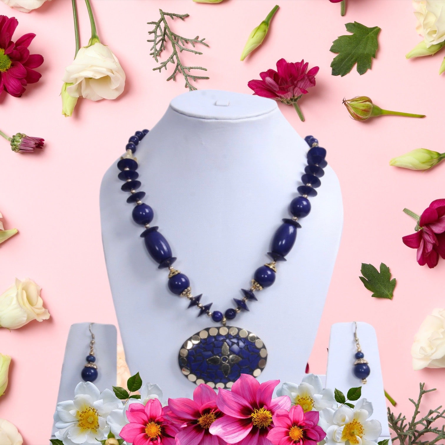 Blue-Gold Floral Pendant Necklace Set / Ruchi