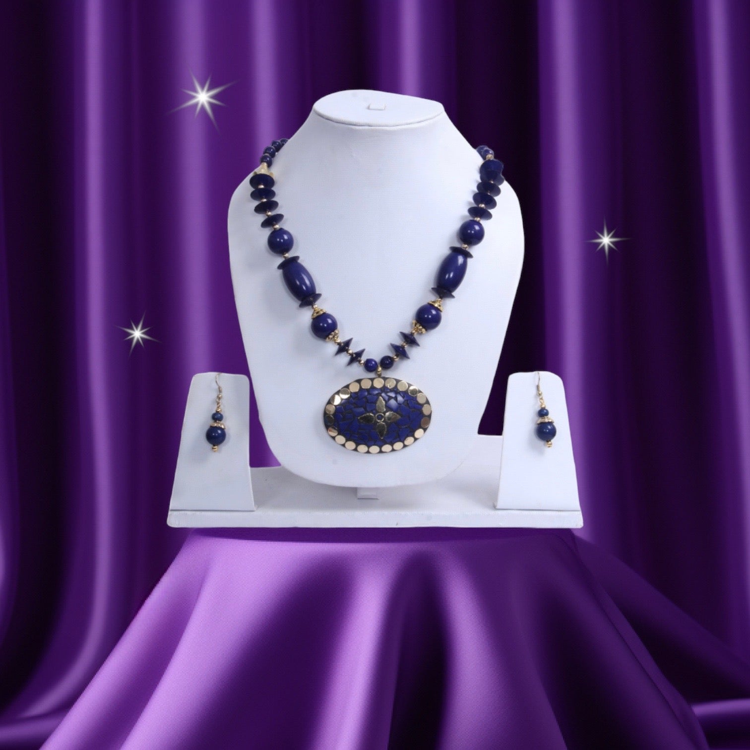 Enchanting Blue-Gold Floral Pendant Wooden Beaded Necklace And Hoop Earrings Set / Ruchi