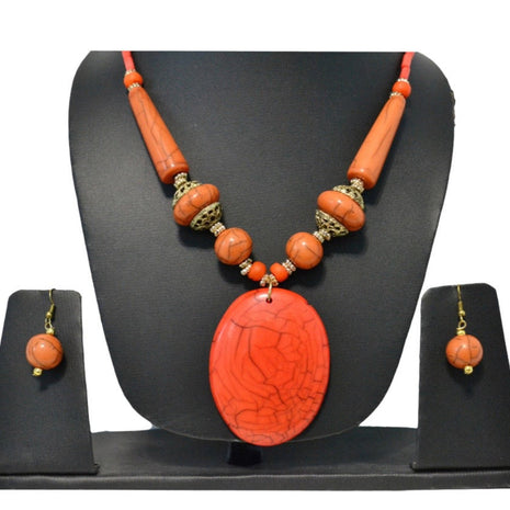 Wooden Orange Beaded Necklace Set / Ruchi