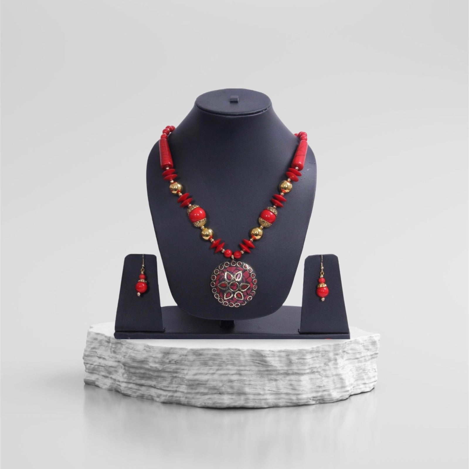 Beguiling Red-Gold Beaded Necklace Set / Ruchi
