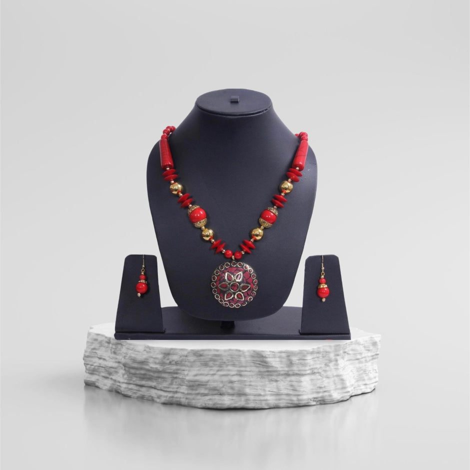 Beguiling Red-Gold Beaded Necklace Set / Ruchi
