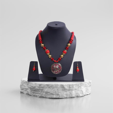 Beguiling Red-Gold Beaded Necklace Set / Ruchi