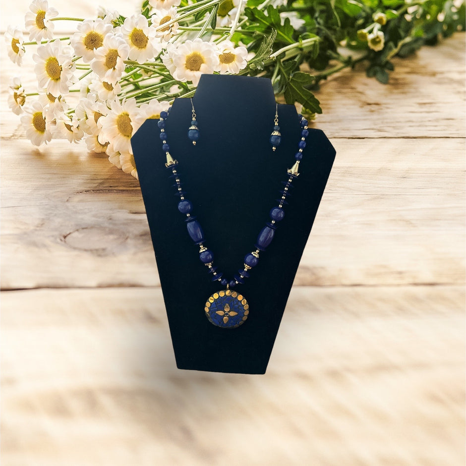 Magnificent Blue Beaded Necklace And Earrings Set / Ruchi