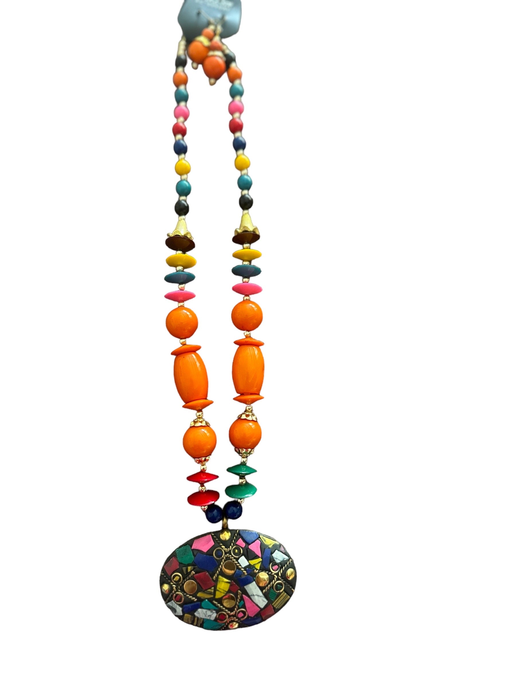 Endearing Pendant Multicolored Beaded Necklace And Earrings Set / Ruchi