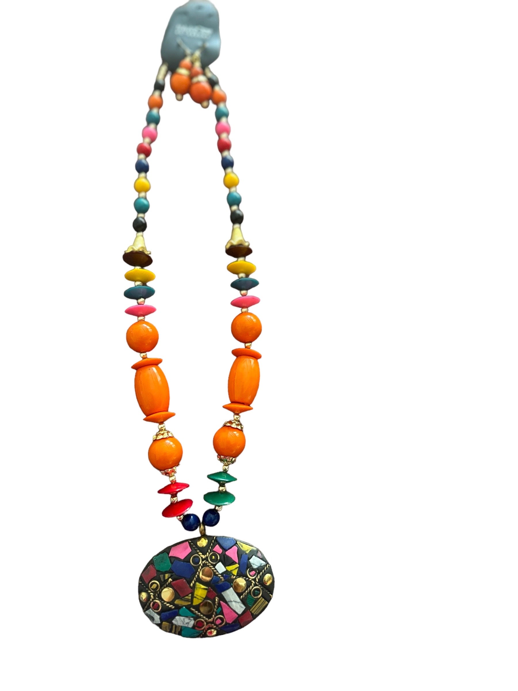 Endearing Pendant Multicolored Beaded Necklace And Earrings Set / Ruchi