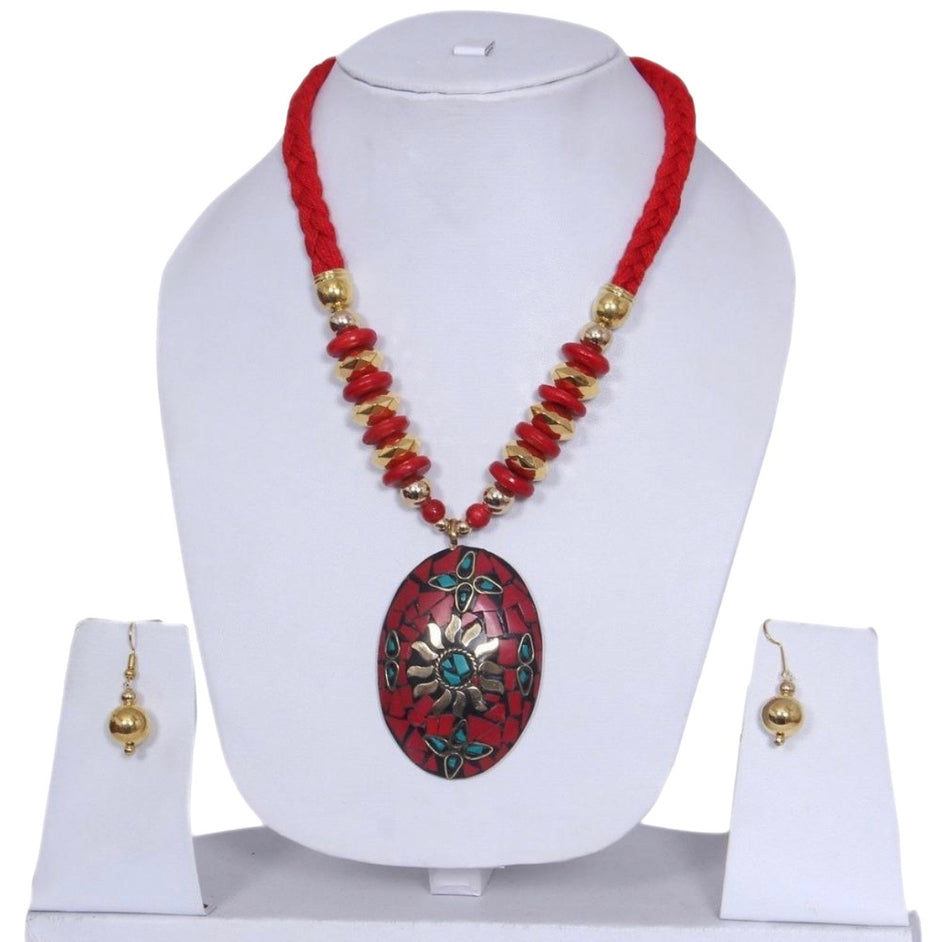 Red Color Wooden Beaded Necklace and Earrings Set / Ruchi