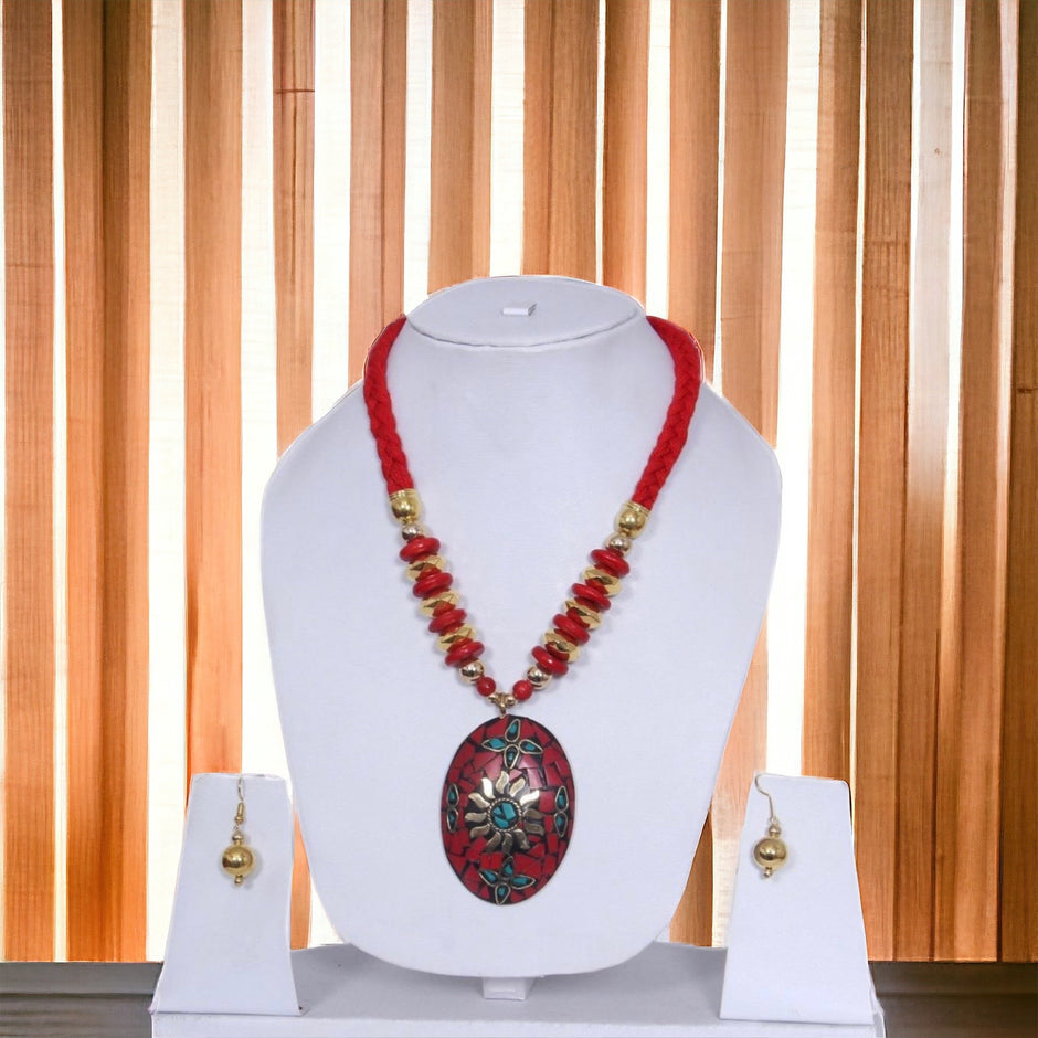 Red Color Wooden Beaded Necklace and Earrings Set / Ruchi