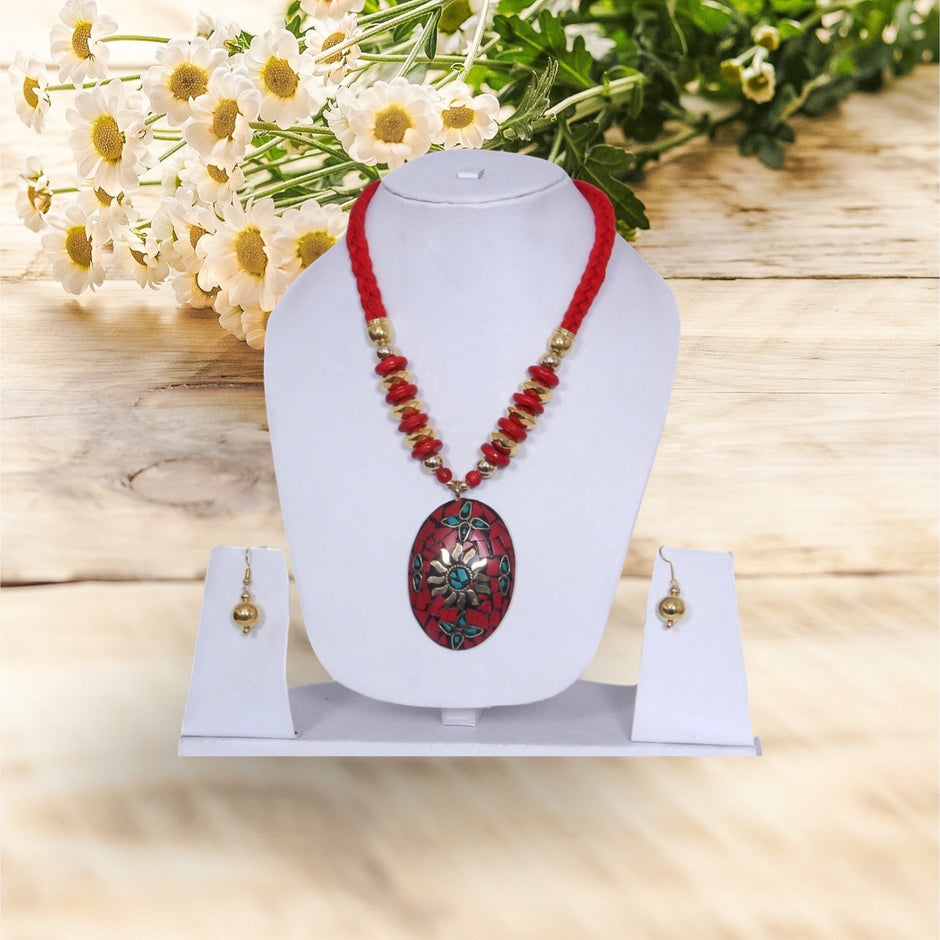 Red Color Wooden Beaded Necklace and Earrings Set / Ruchi