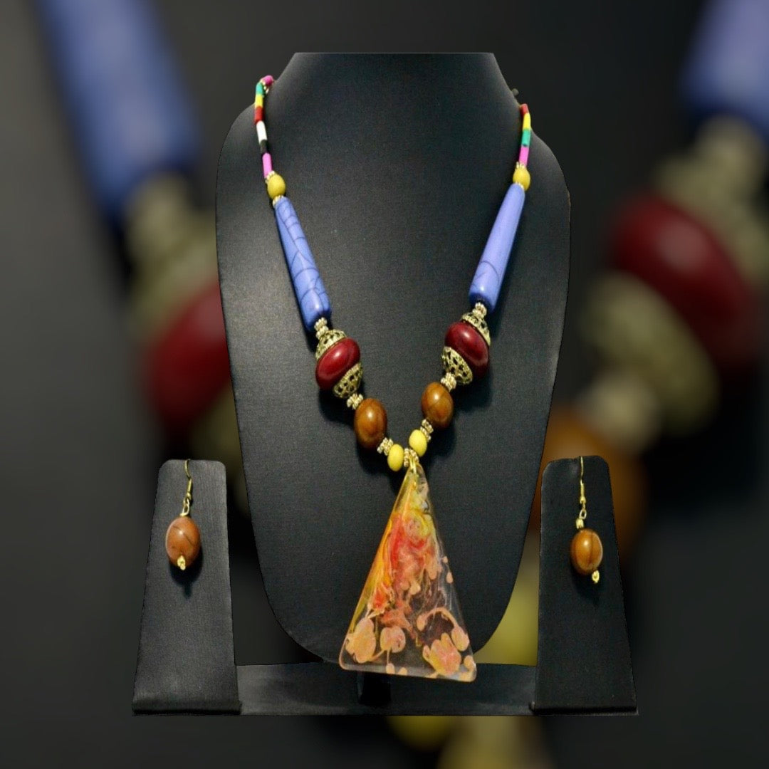 Wooden Multi-Colored Beaded Necklace Earrings Set / Ruchi