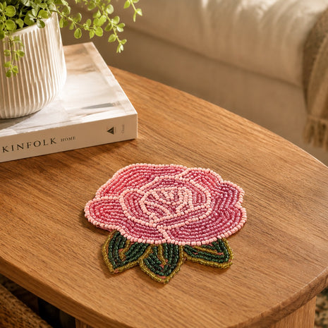 Pink Rose Floral Beaded Coaster Set of 2 / Ruchi