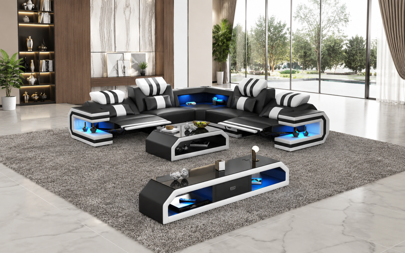 Power Reclining LED Leather Sectional Sofa / Ruchi
