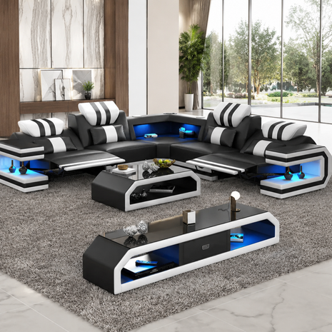 Power Reclining LED Leather Sectional Sofa / Ruchi