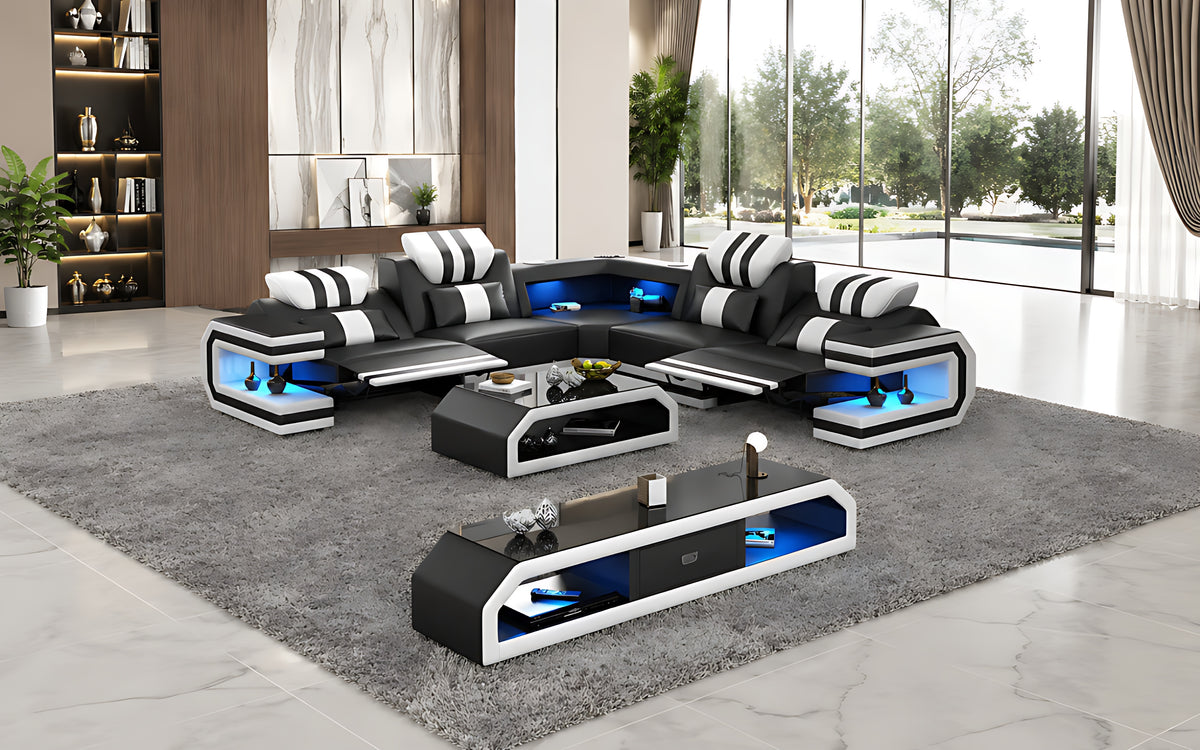 Power Reclining LED Leather Sectional Sofa / Ruchi