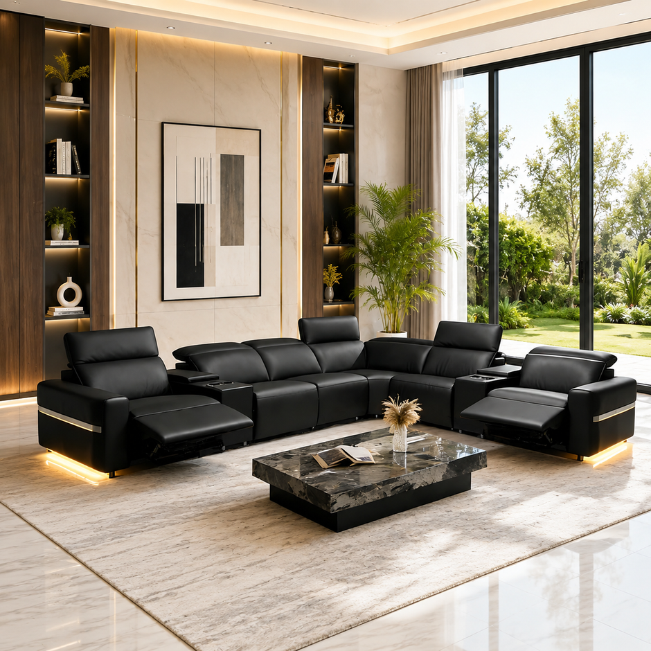 Power Reclining Leather Sectional Sofa With LED / Ruchi