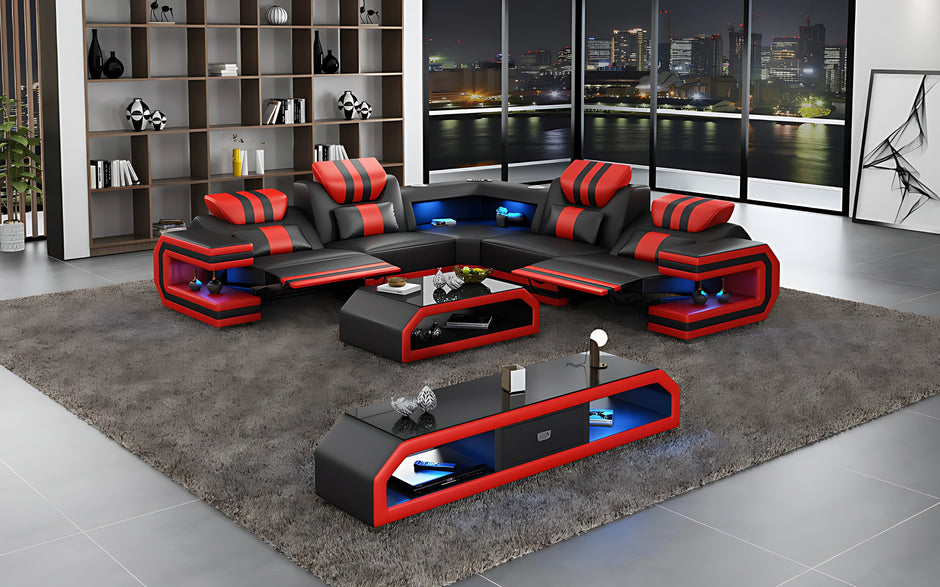 Power Reclining LED Leather Sectional Sofa / Ruchi