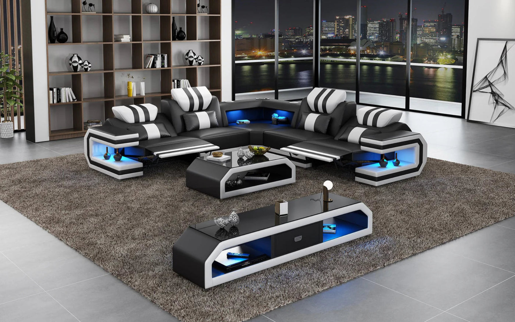 Power Reclining LED Leather Sectional Sofa / Ruchi