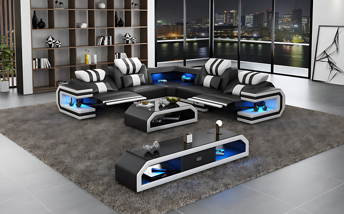 Power Reclining LED Leather Sectional Sofa / Ruchi