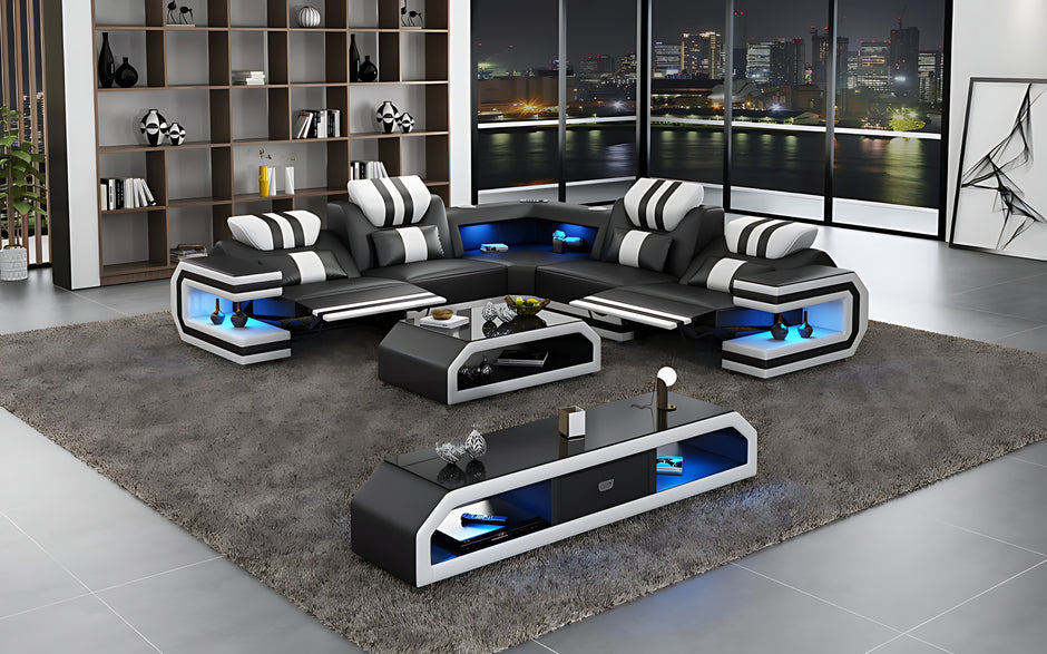 Power Reclining LED Leather Sectional Sofa / Ruchi