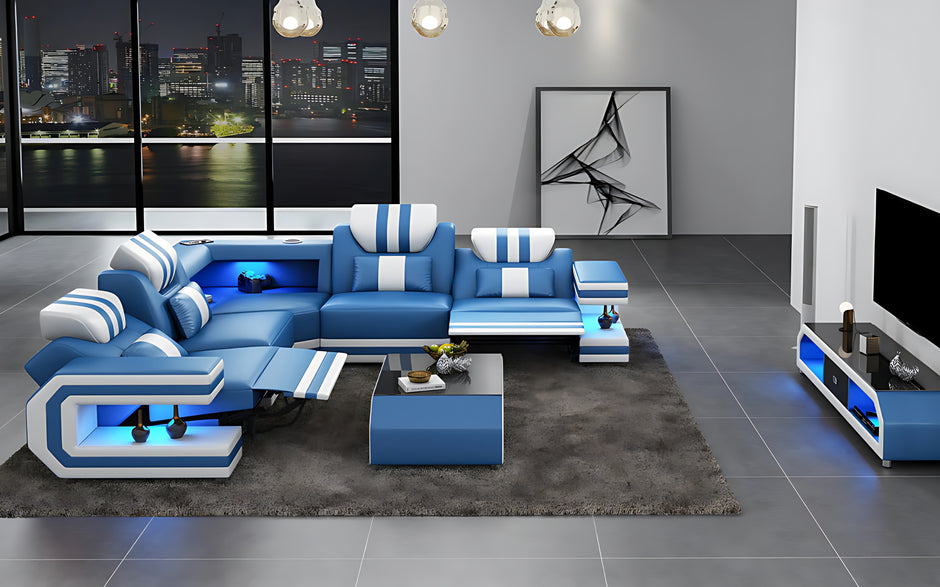 Power Reclining LED Leather Sectional Sofa / Ruchi