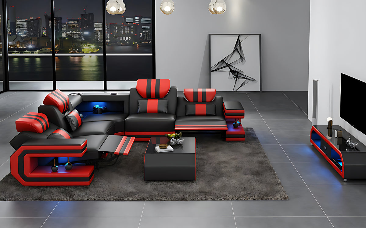Power Reclining LED Leather Sectional Sofa / Ruchi