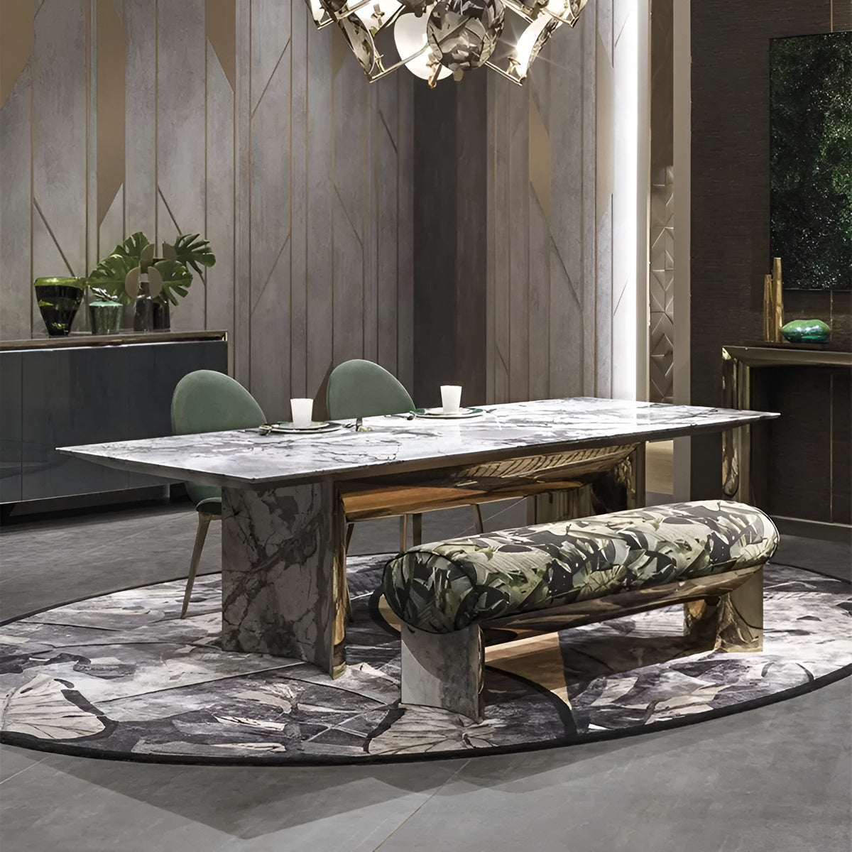 Rectangular Marble Dining Table Set With Bench / Ruchi
