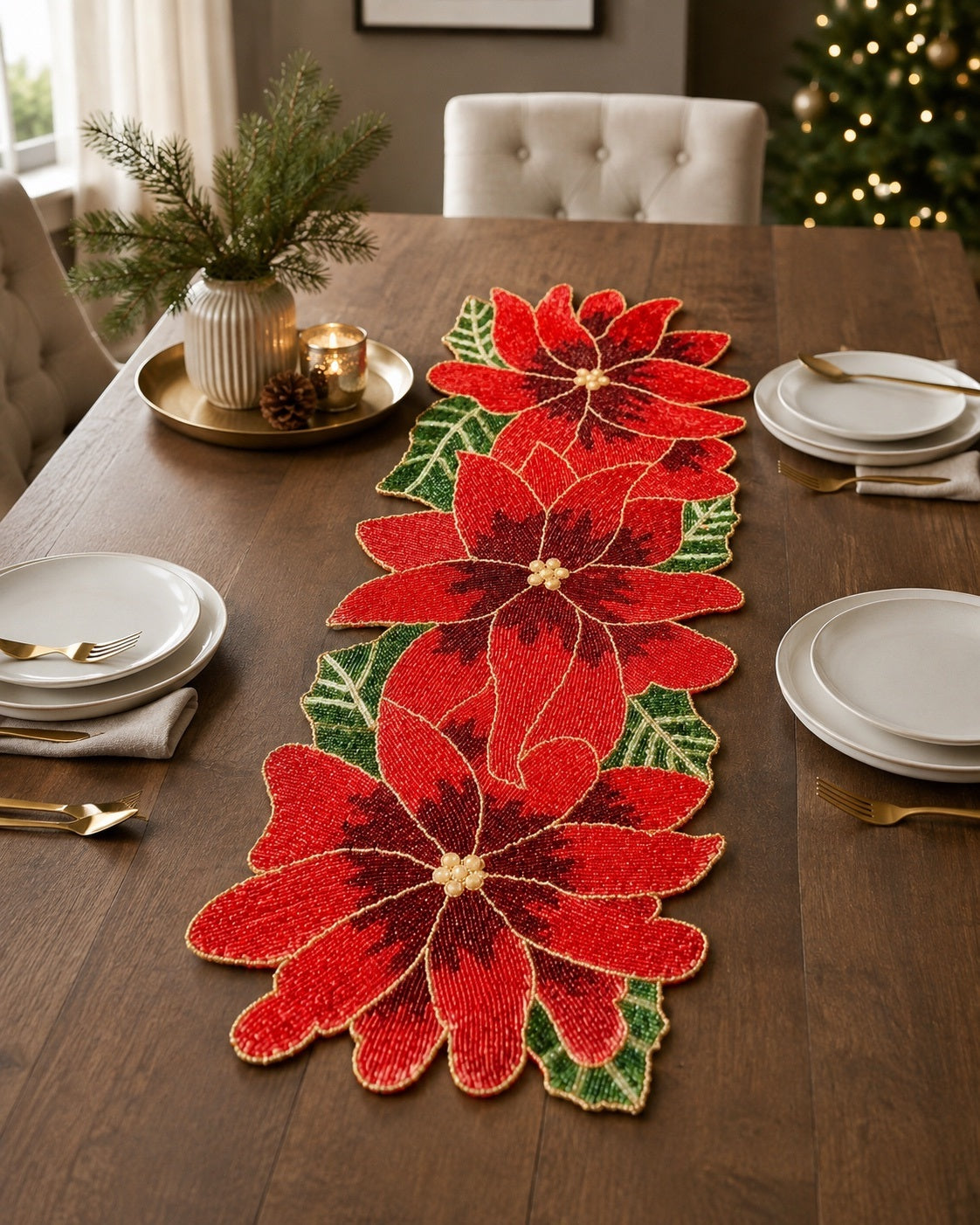 Red Green Beaded Floral Runner / Ruchi