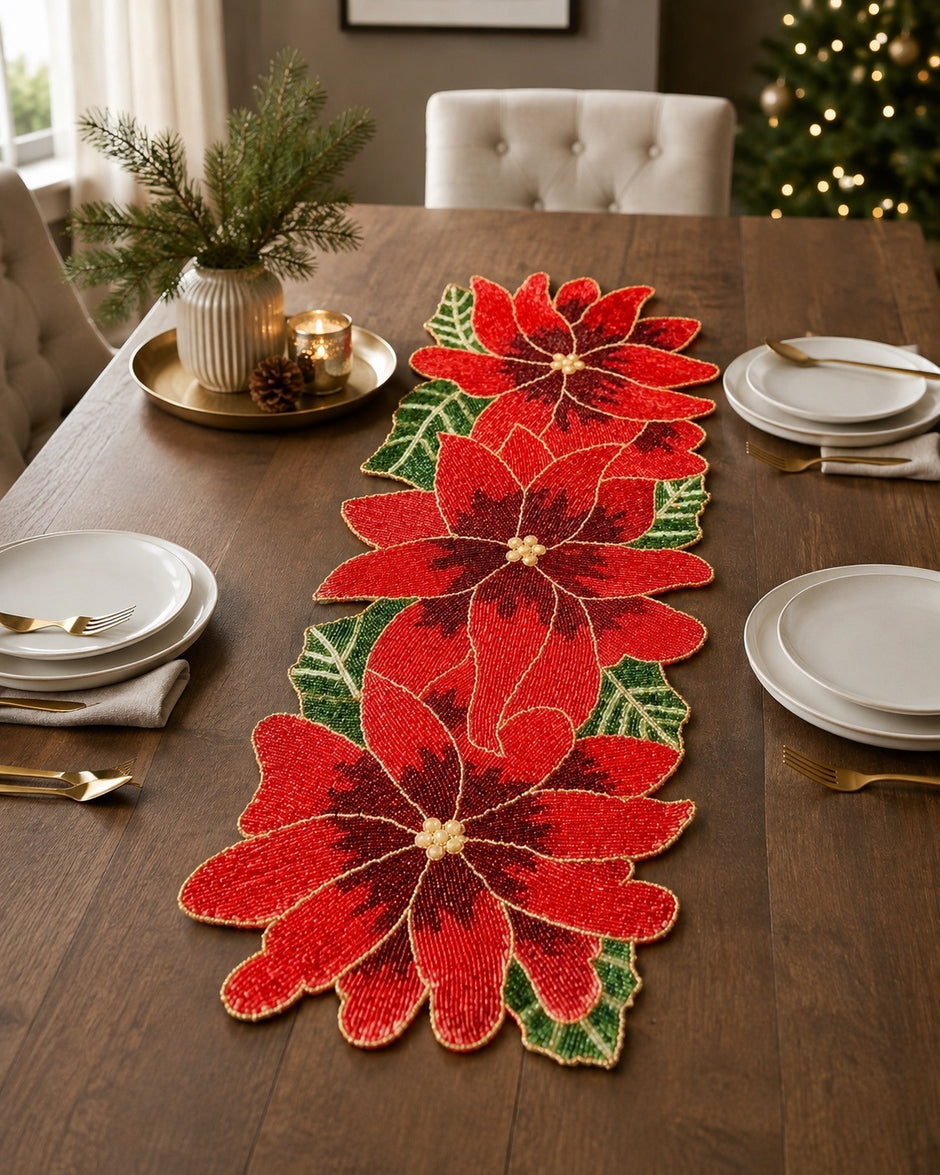 Red Green Beaded Floral Runner / Ruchi