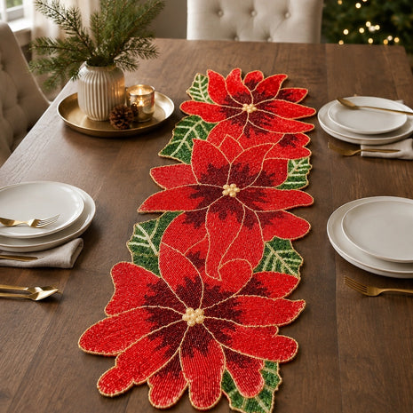 Red Green Beaded Floral Runner / Ruchi