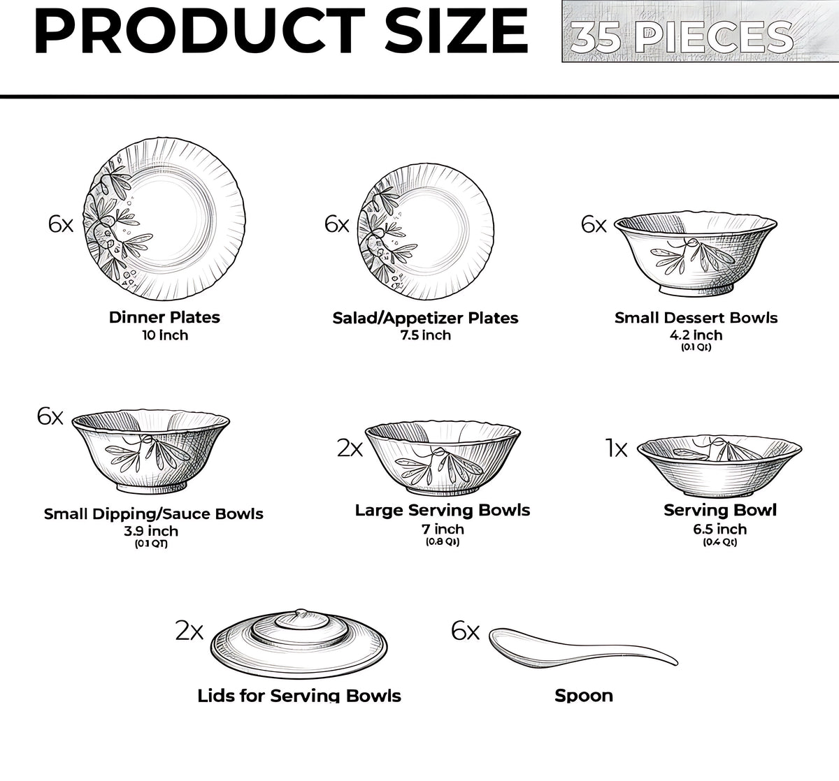 35 Pieces White Dinner Plates & Bowls Set / Ruchi