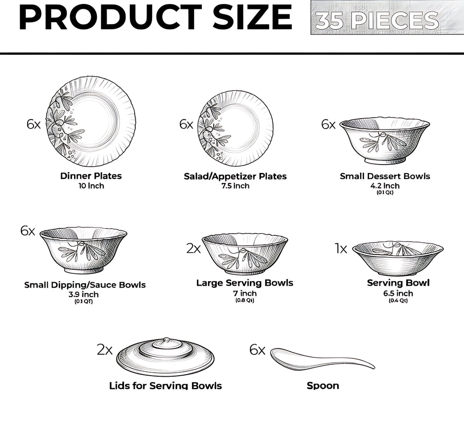 35 Pieces White Dinner Plates & Bowls Set / Ruchi