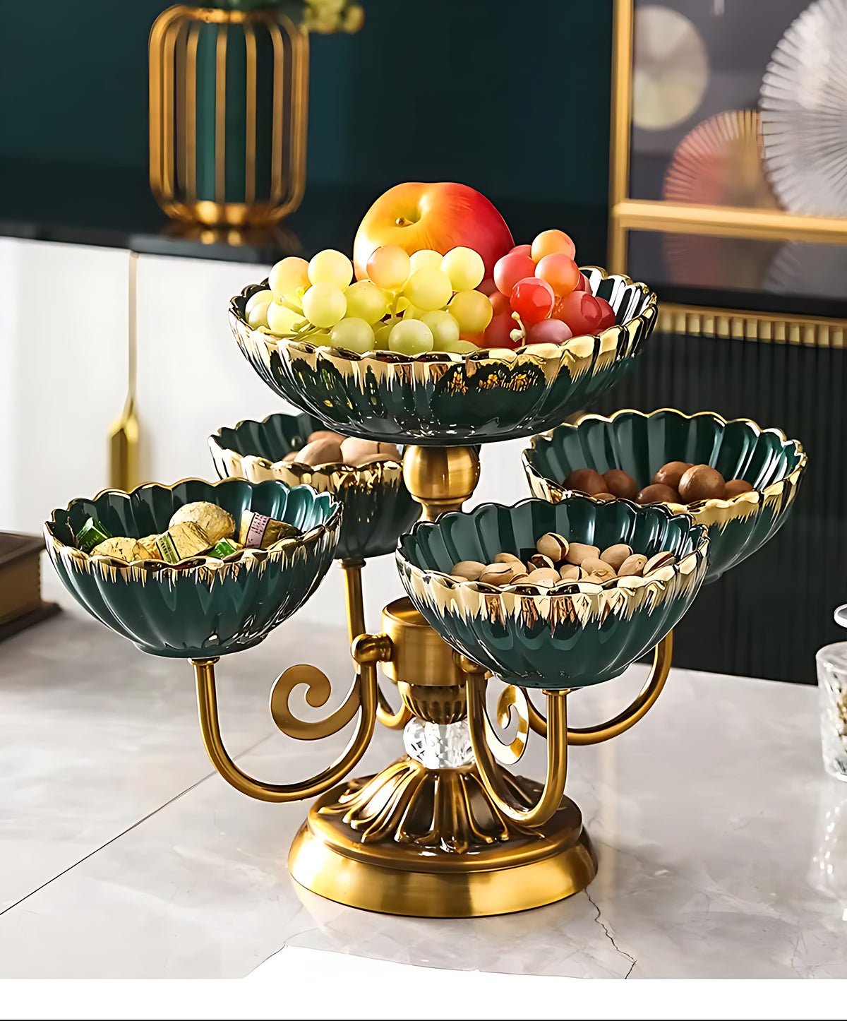 Metal Fruit Stand With 2 Ceramic Bowls / Ruchi